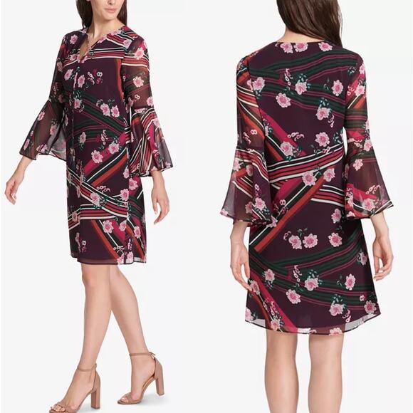 Vince Camuto Purple Floral Tassel Tie Bell Sleeve Mini Shift Dress Size S 6 - Picture 1 of 9
